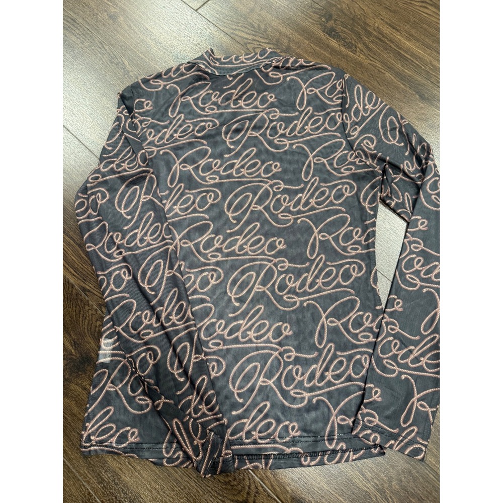 Western Rodeo Script Print Mesh Long Sleeve Top - Size M